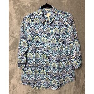 Chicos Linen Button Down Shirt 1 Medium Blue Purple Paisley 3/4 Sleeve